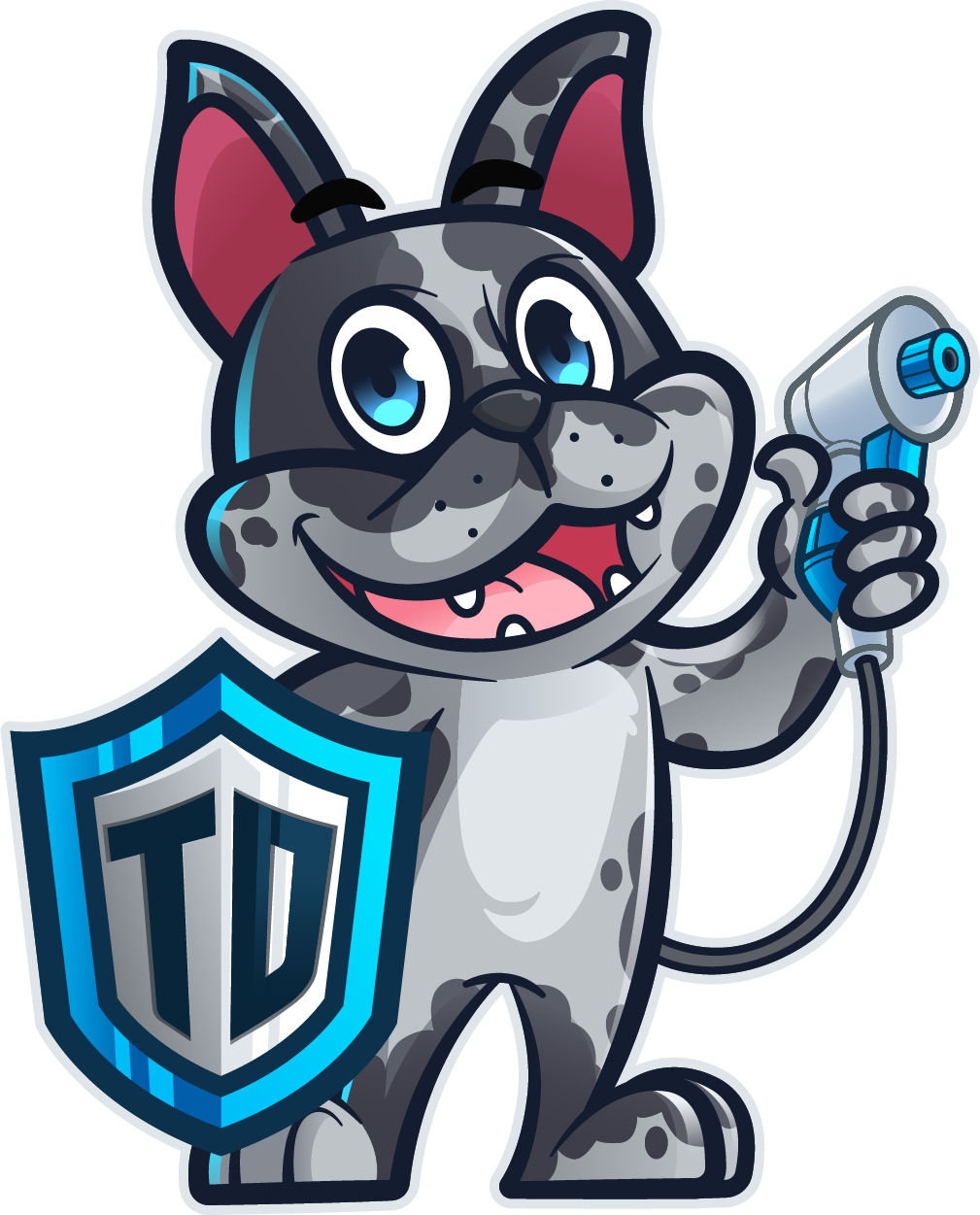 Turf Defenders mascot holding a cleaning sprayer