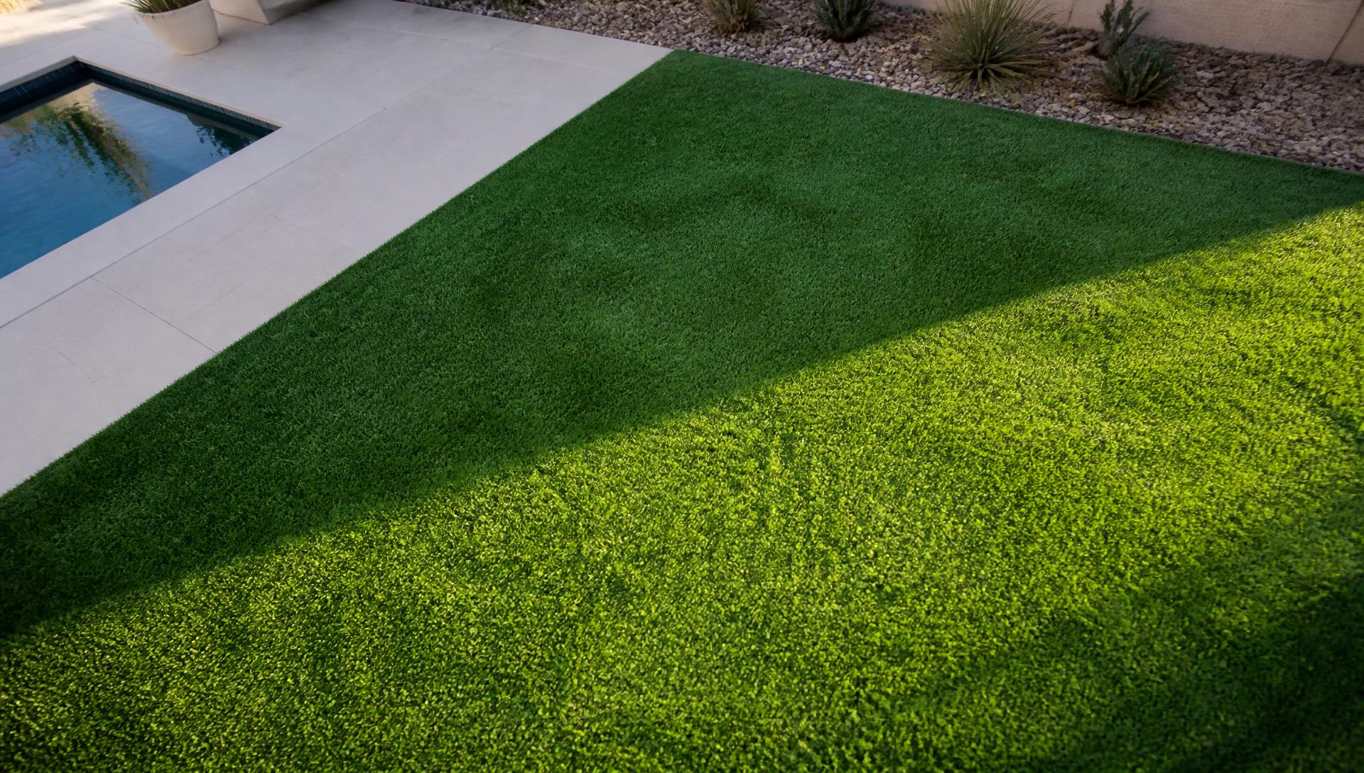 Freshly cleaned artificial turf lawn beside a pool in a Tucson backyard